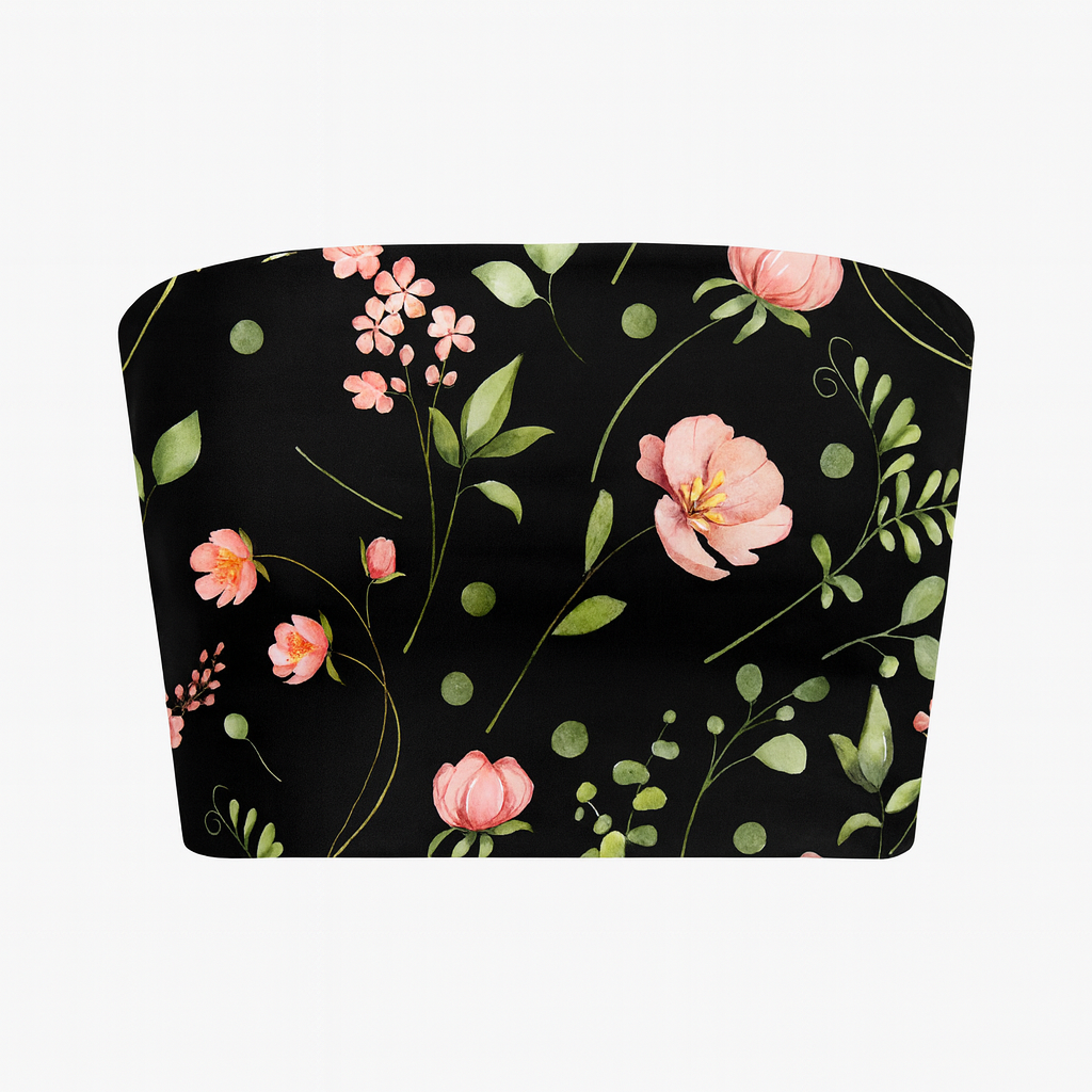 Floral patterned tube top on a black background