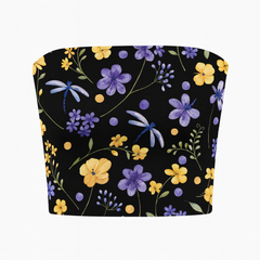 Black bandeau top with purple and yellow floral pattern on a white background