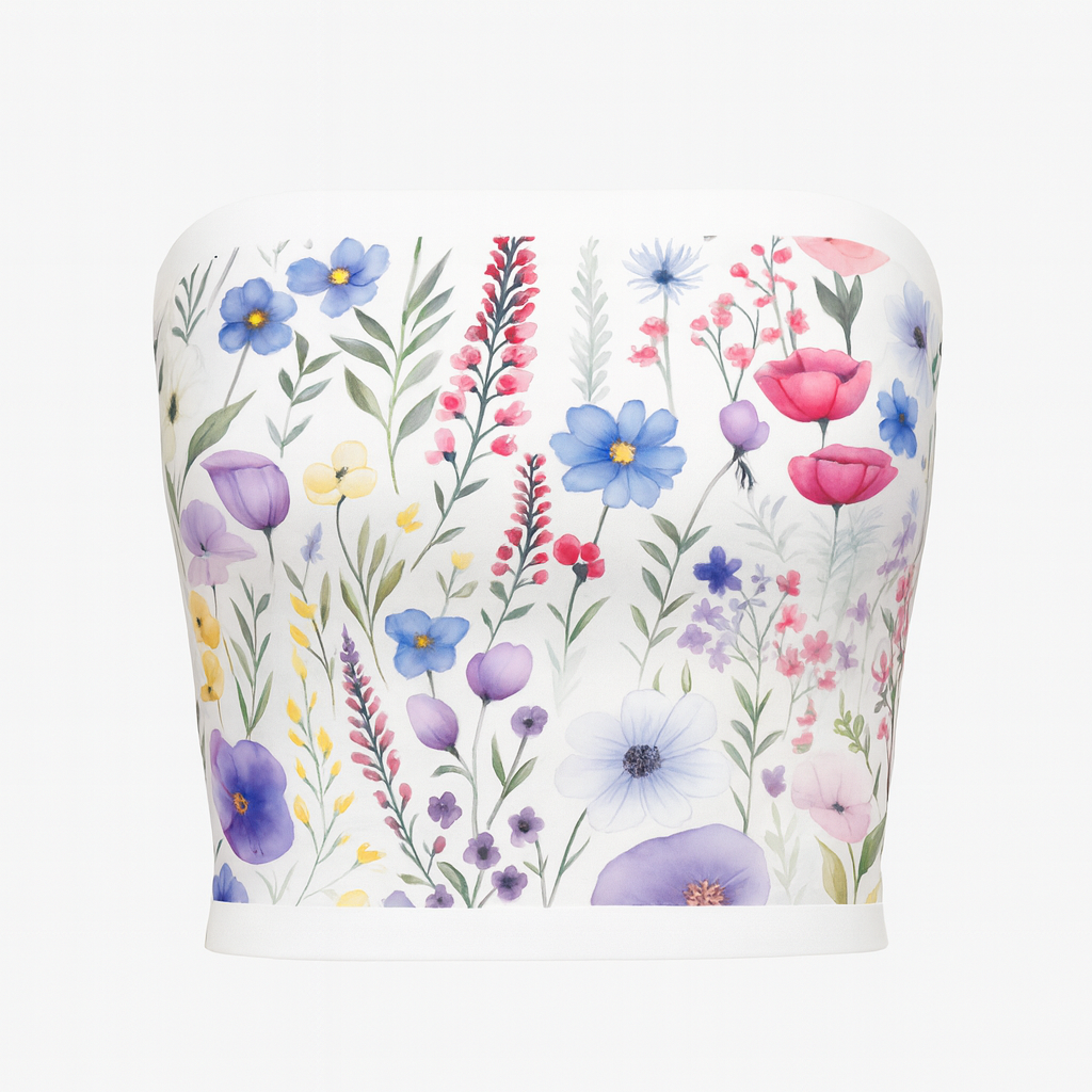 Floral-patterned strapless top on a white background