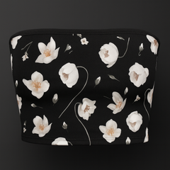 Black tube top with white floral pattern on a black background