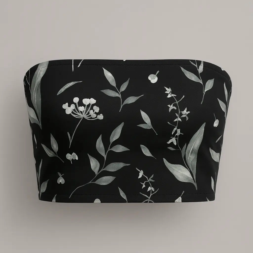 Black pouch with white floral pattern on a gray background