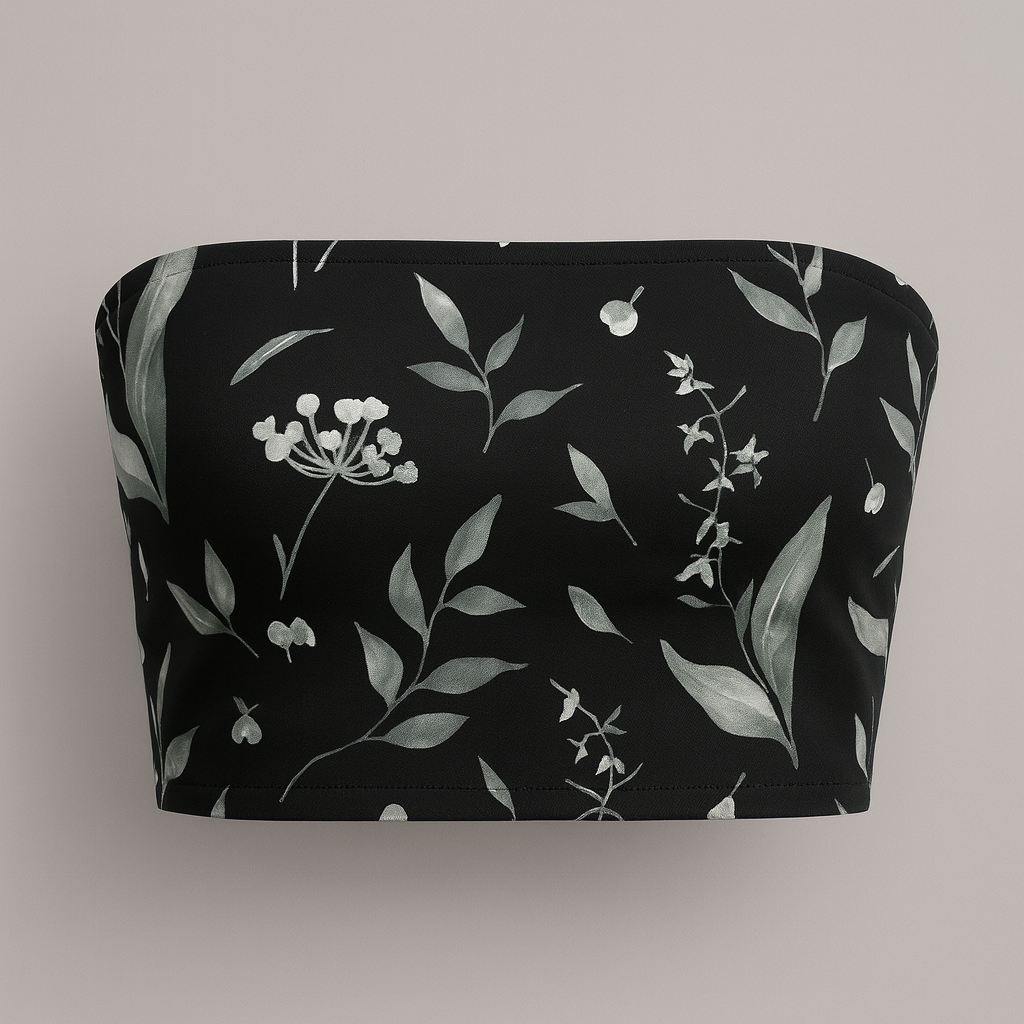 Black bandeau top with floral pattern on a gray background