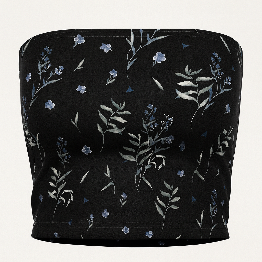 Black bandeau top with floral pattern on a beige background