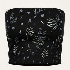 Black bandeau top with floral pattern on a beige background