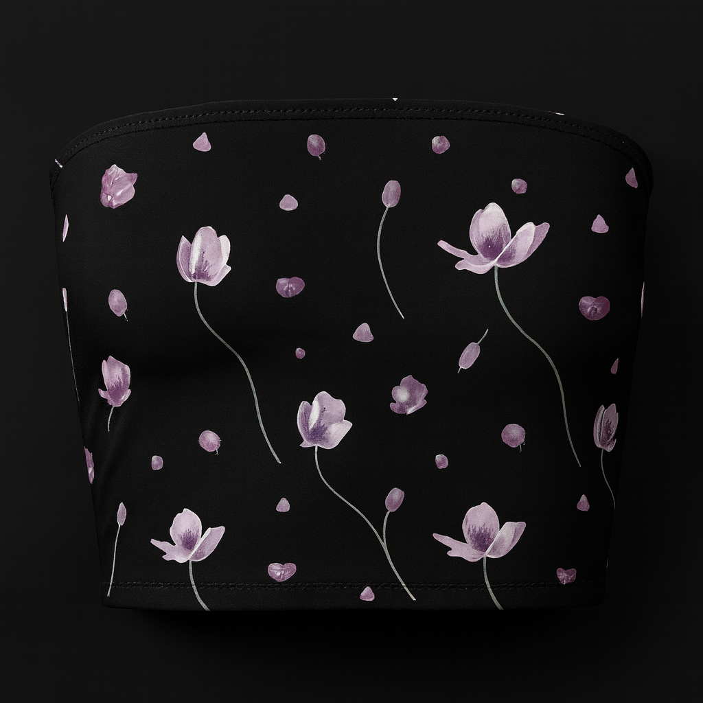 Black pouch with pink floral pattern on a black background