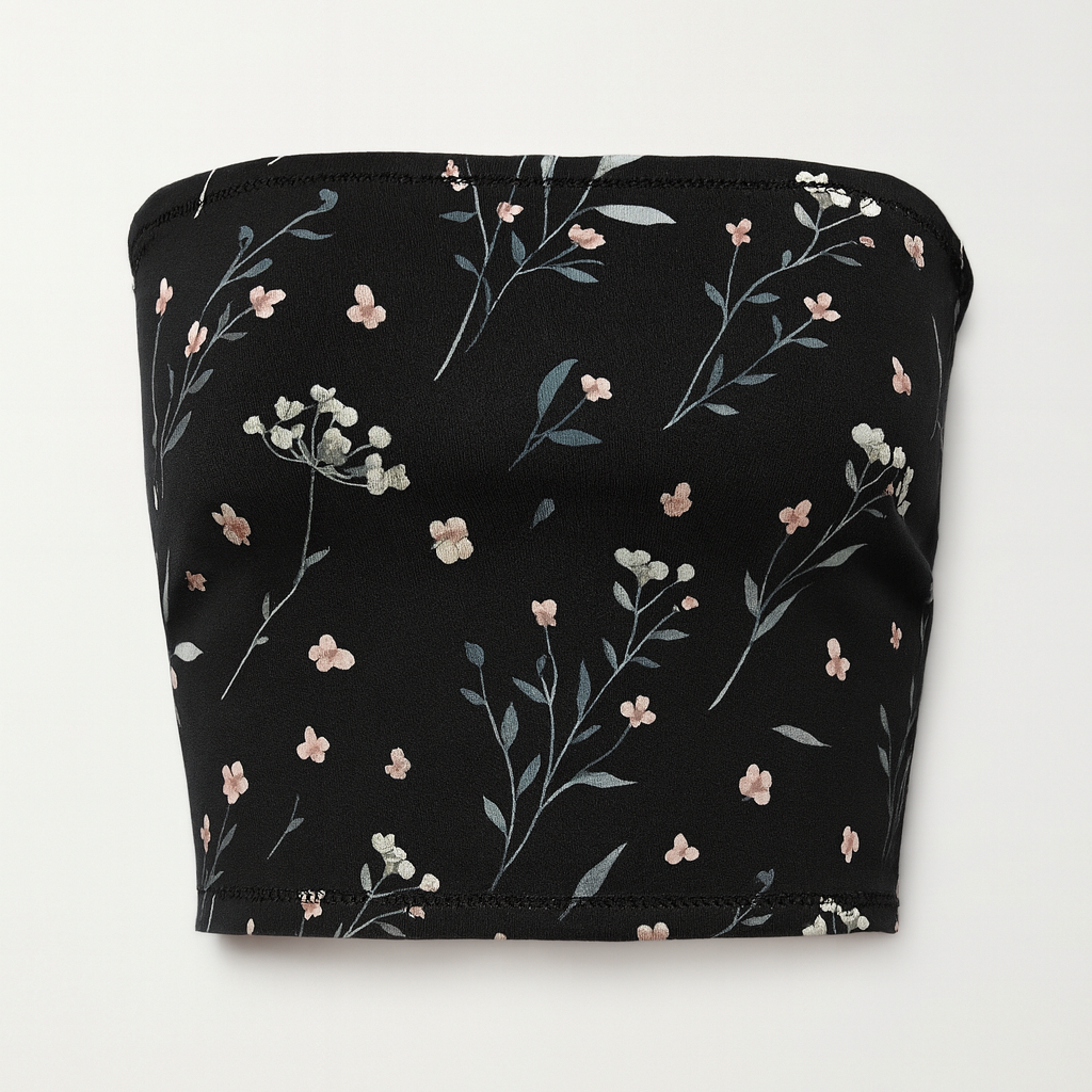 Black bandeau top with floral pattern on a white background