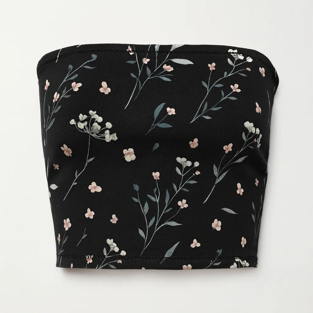 Black tube top with floral pattern on a white background