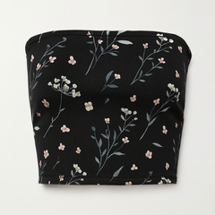 Black bandeau top with floral pattern on a white background