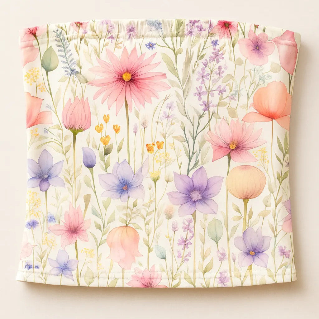 Floral patterned fabric with pink, purple, and orange flowers on a white background