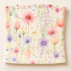 Floral patterned fabric with pink, purple, and orange flowers on a white background
