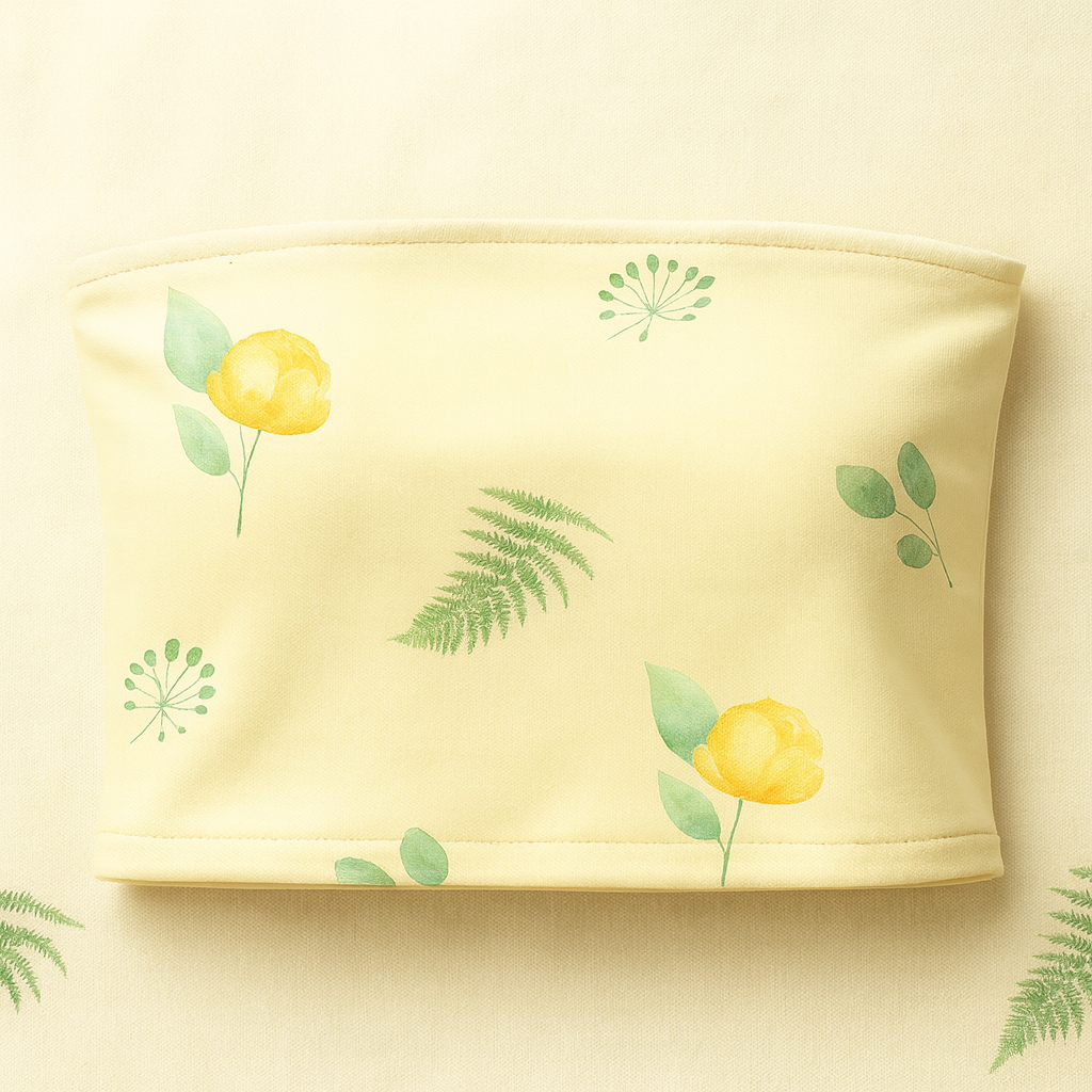 Yellow tube top with floral patterns on a light yellow background