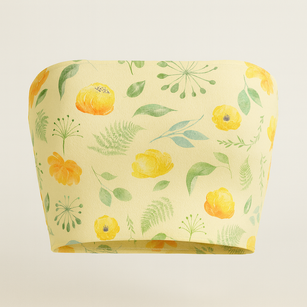 Yellow bandeau top with floral pattern on a light gray background