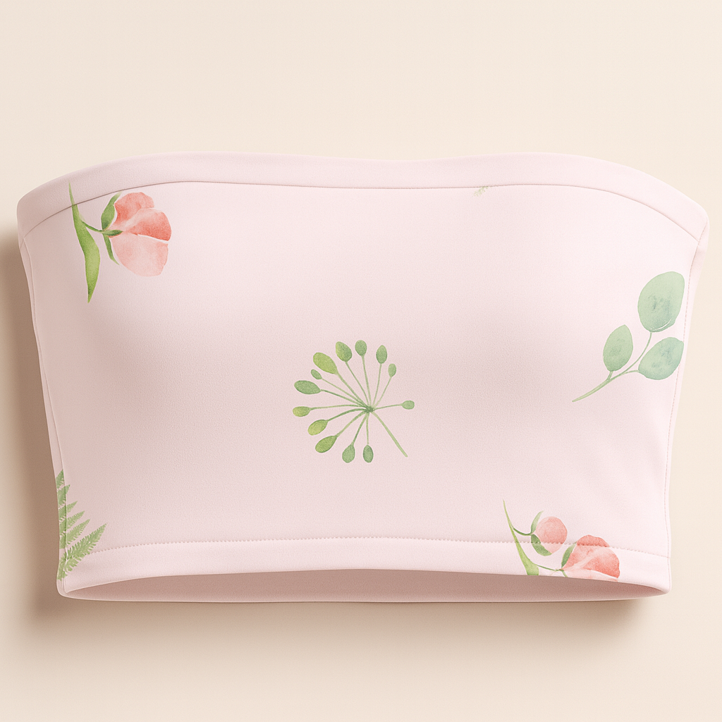 Light pink tube top with floral and leaf patterns on a beige background