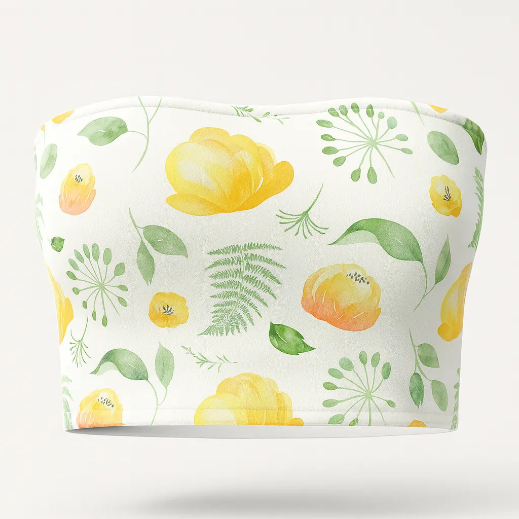 Tube top with yellow floral pattern on a white background