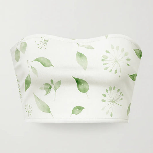 White bandeau top with green leaf pattern on a white background