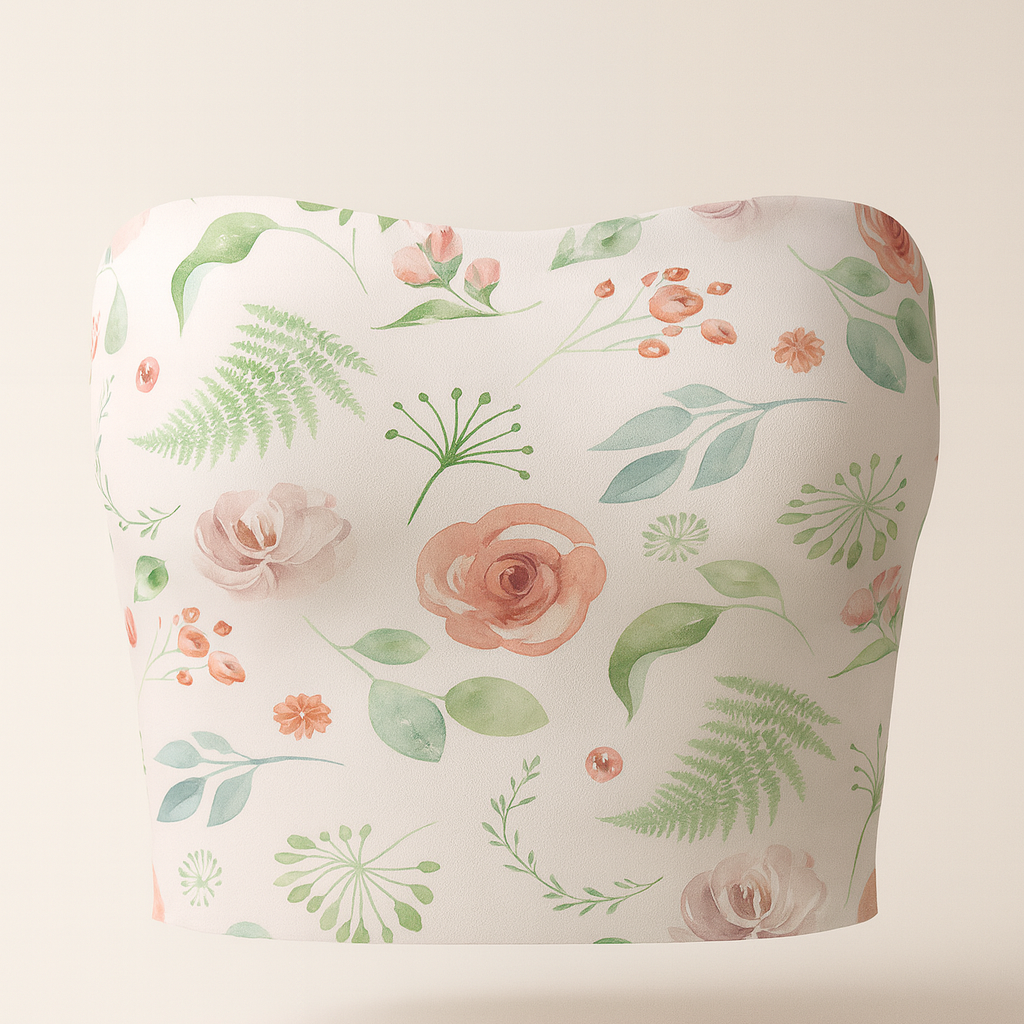Floral-patterned strapless top on a light background