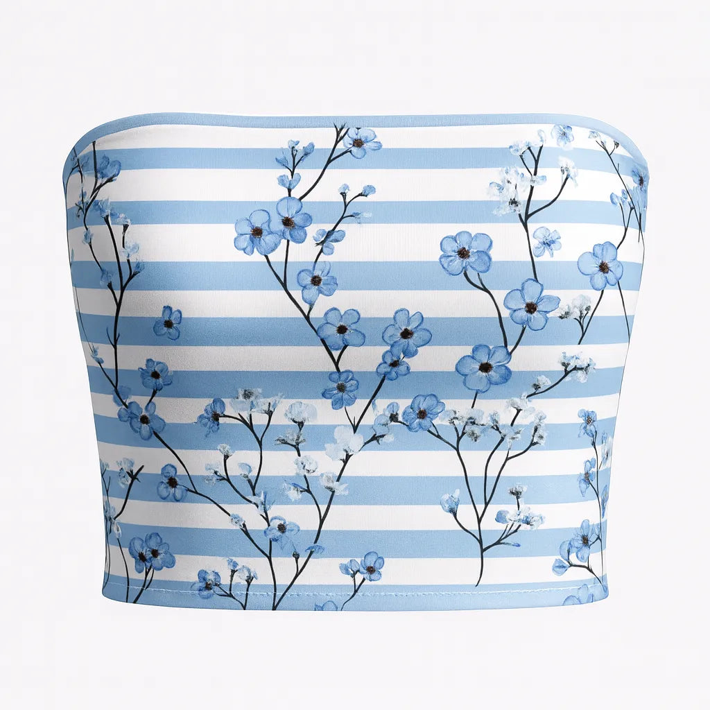 Tube top with blue floral pattern and white horizontal stripes on a white background
