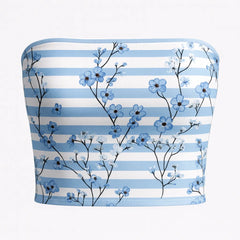 Tube top with blue floral pattern and white horizontal stripes on a white background
