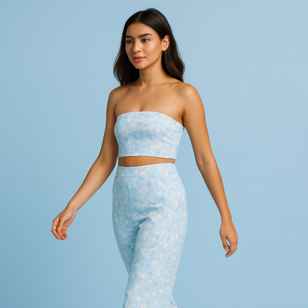 Woman wearing a light blue strapless top and high-waisted pants against a light blue background
