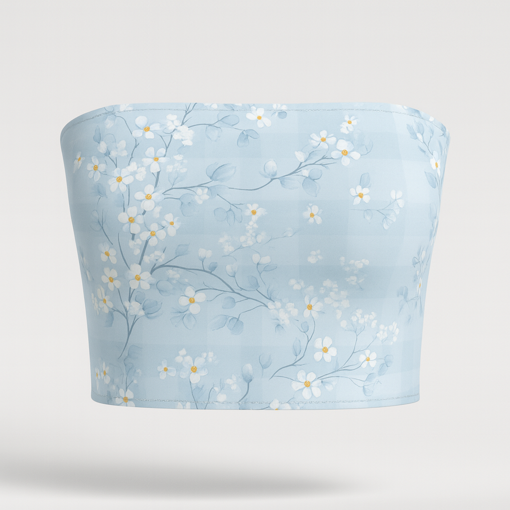 Light blue bandeau top with floral pattern on a white background