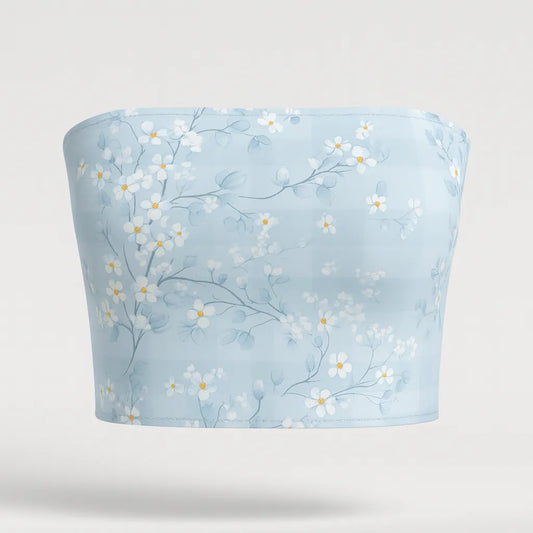 Floral-patterned tube top on a light gray background