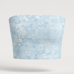 Light blue bandeau top with floral pattern on a white background