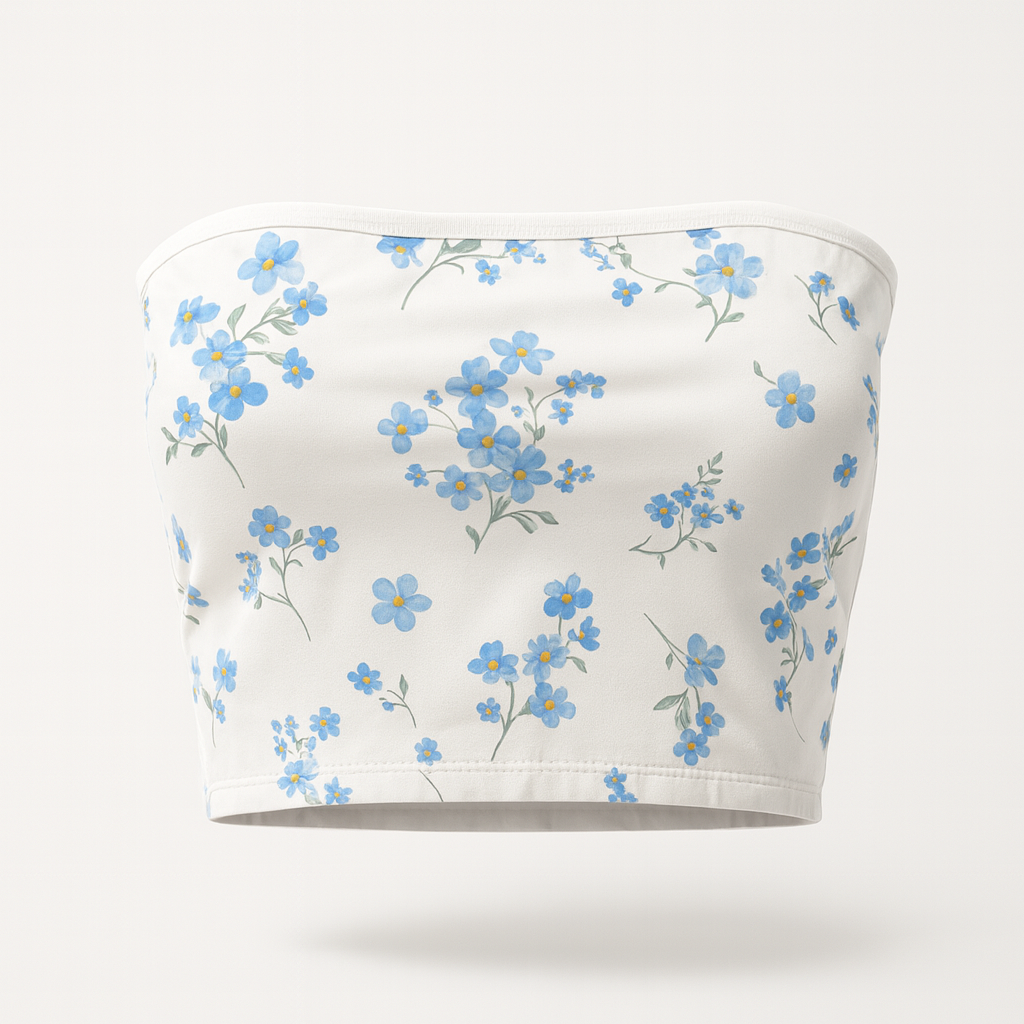 Floral bandeau top with blue flowers on a white background
