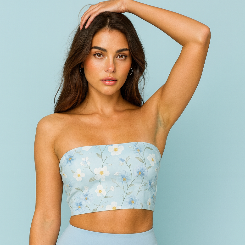 Woman wearing a light blue strapless top with floral pattern and matching skirt against a light blue background