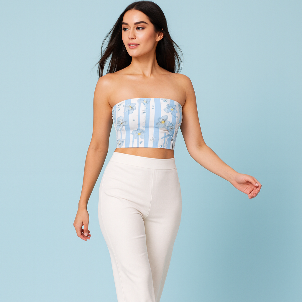 Woman wearing a strapless top with blue floral pattern and white pants on a light blue background
