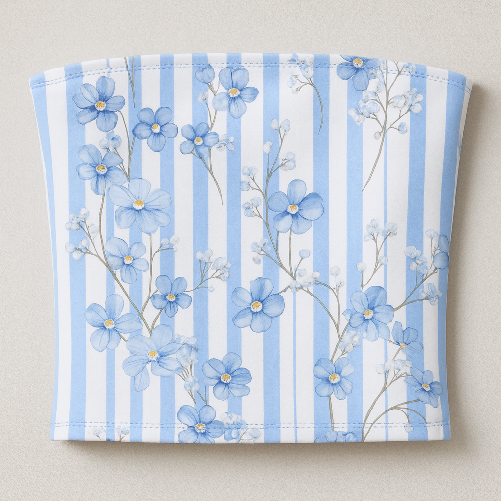 Fabric with blue floral pattern on a striped background
