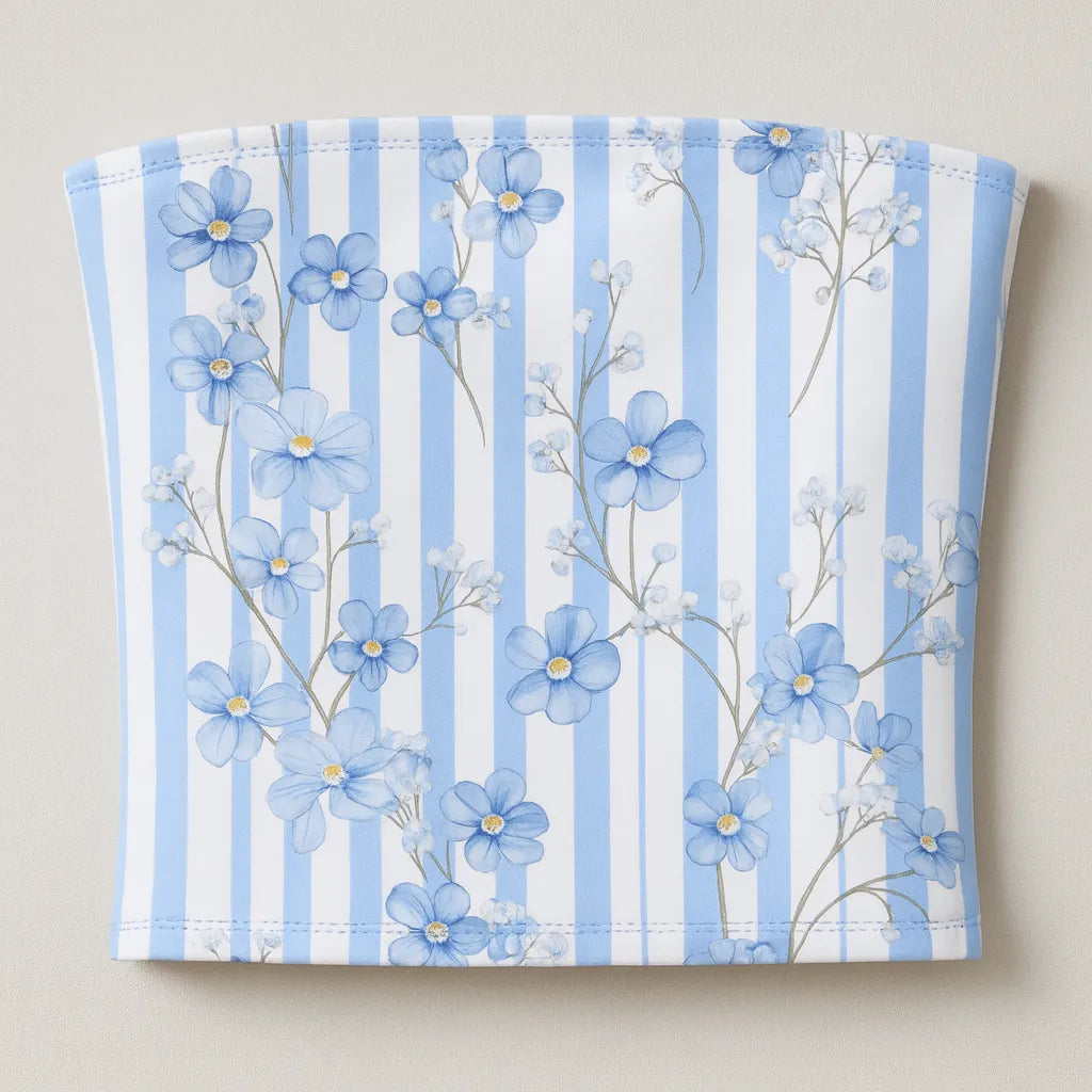 Fabric with blue floral pattern on a striped background