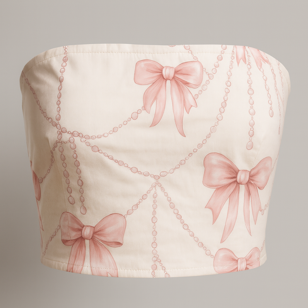 Bandeau top with pink bow and chain pattern on a beige background