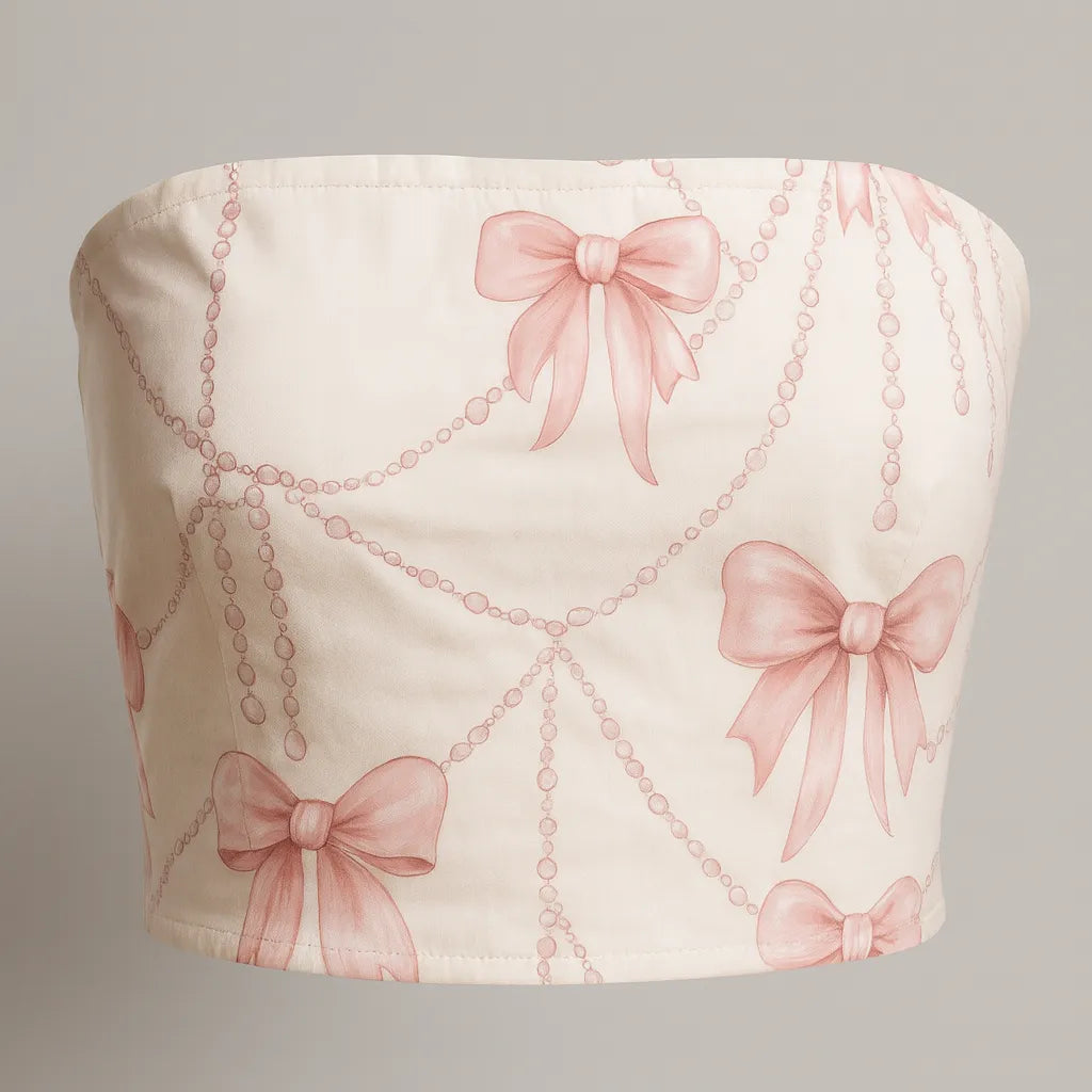 Bandeau top with pink bow and chain pattern on a beige background