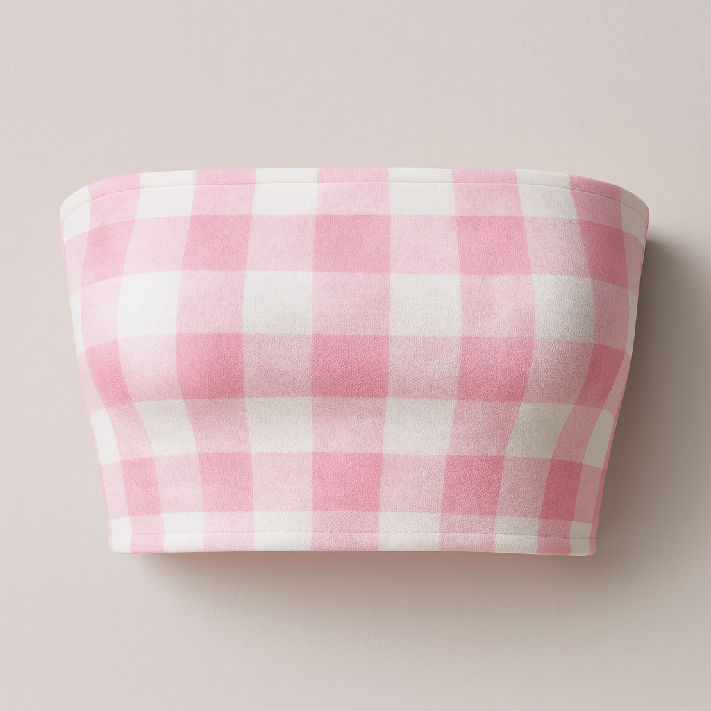 Pink and white checkered tube top on a light gray background