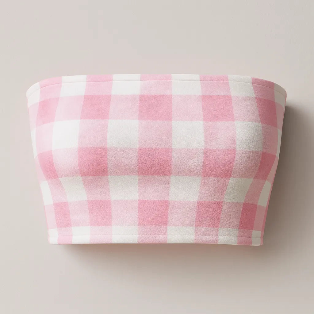 Pink and white checkered tube top on a beige background