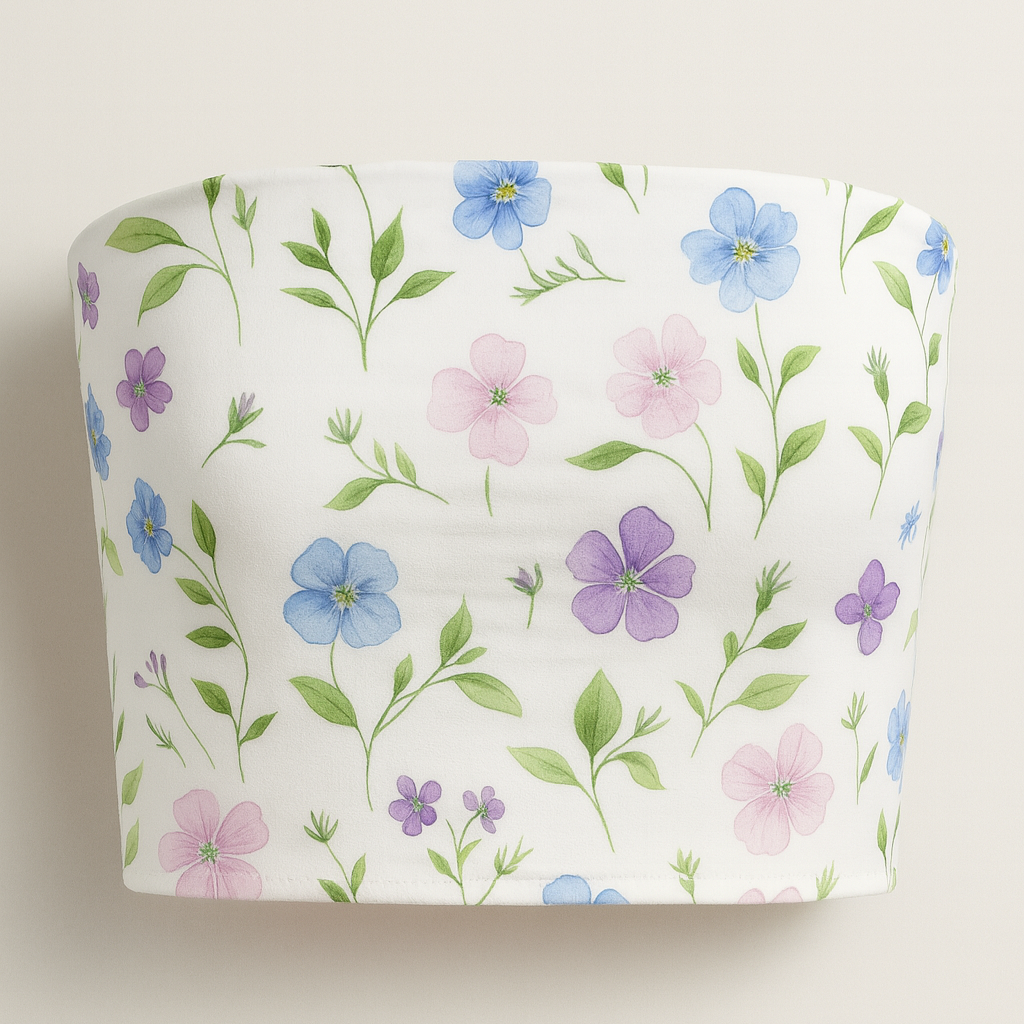 Floral-patterned tube top on a light beige background