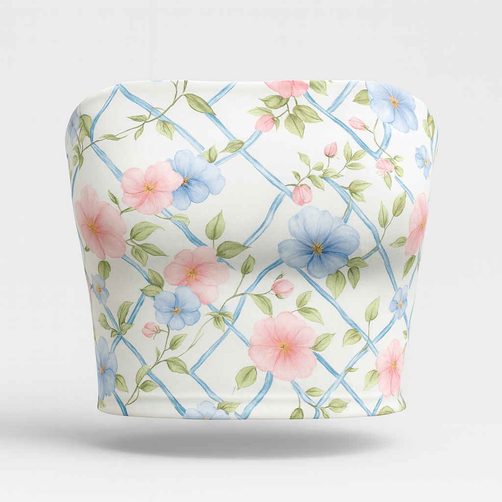 Floral-patterned tube top with blue lattice design on a white background