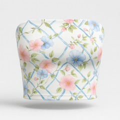 Floral-patterned tube top with blue lattice design on a white background