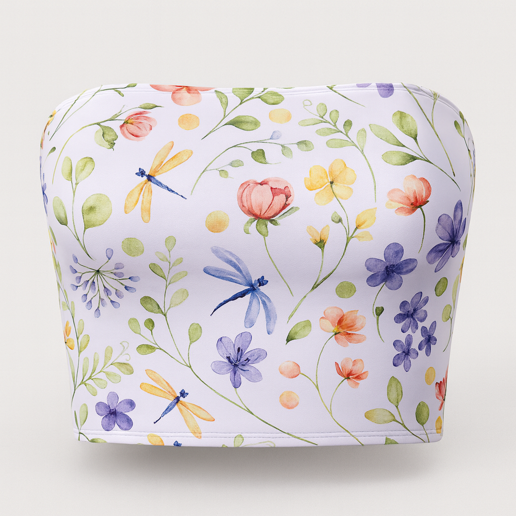 Floral bandeau top with dragonflies on a white background