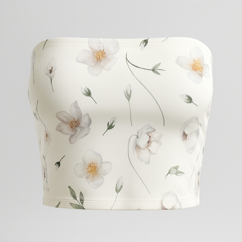Floral-patterned bandeau top on a light gray background