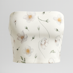 Floral-patterned bandeau top on a light gray background