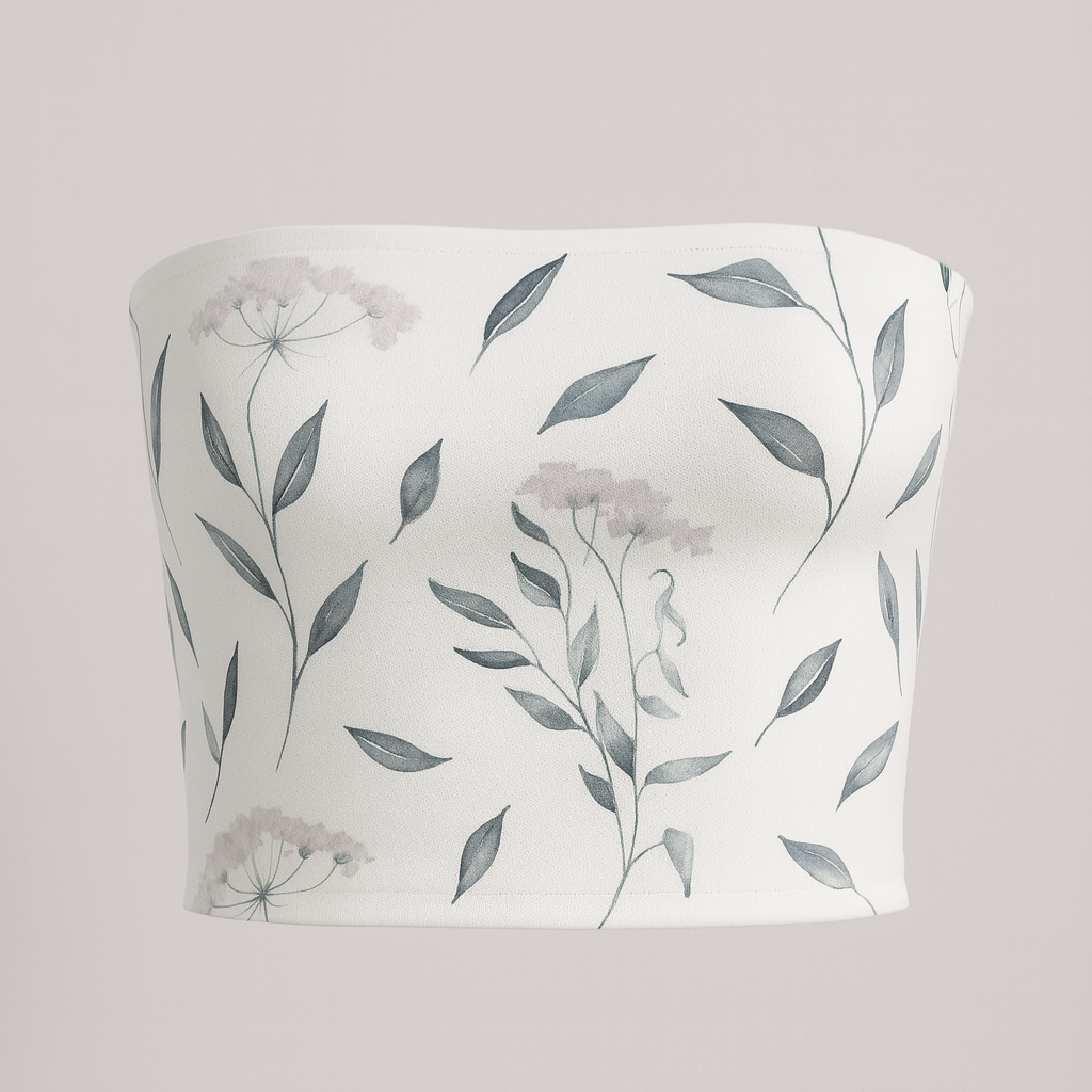 White strapless top with floral pattern on a gray background