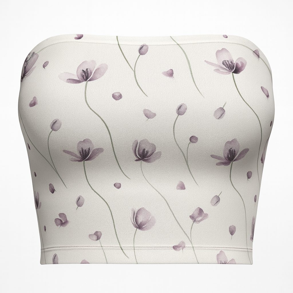 White tube top with purple floral pattern on a white background
