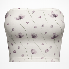 White tube top with purple floral pattern on a white background