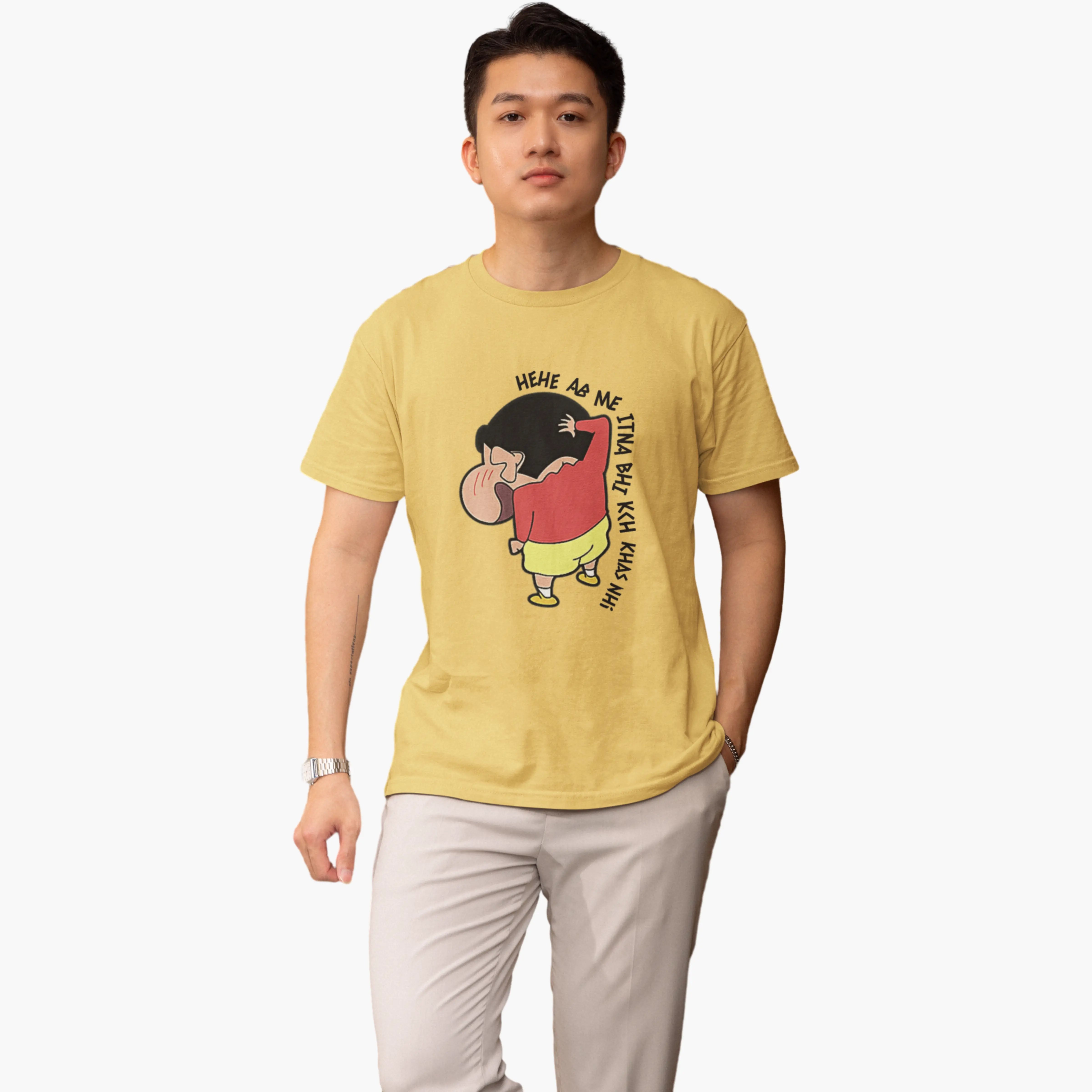 Person wearing a yellow t-shirt with a graphic design on a white background