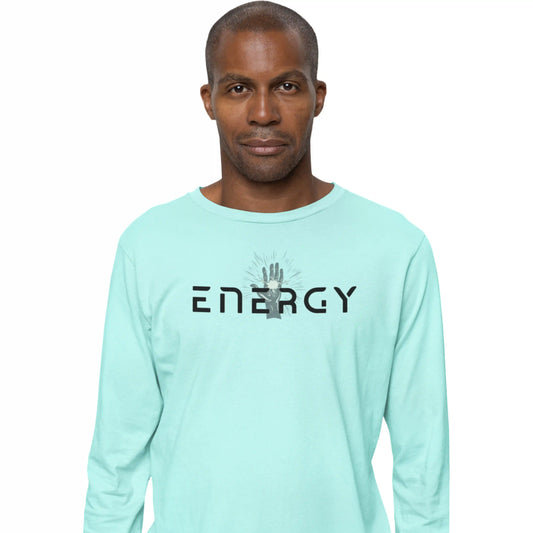 Man wearing a light blue long-sleeve shirt with 'ENERGY' text and graphic on a white background