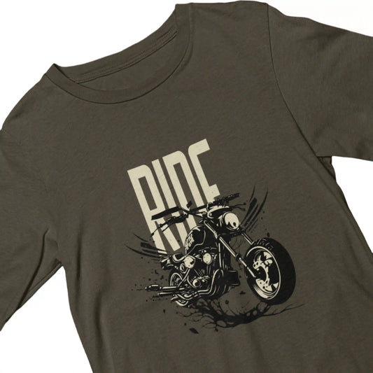 Brown t-shirt with a motorcycle graphic and 'Ride' text on a white background