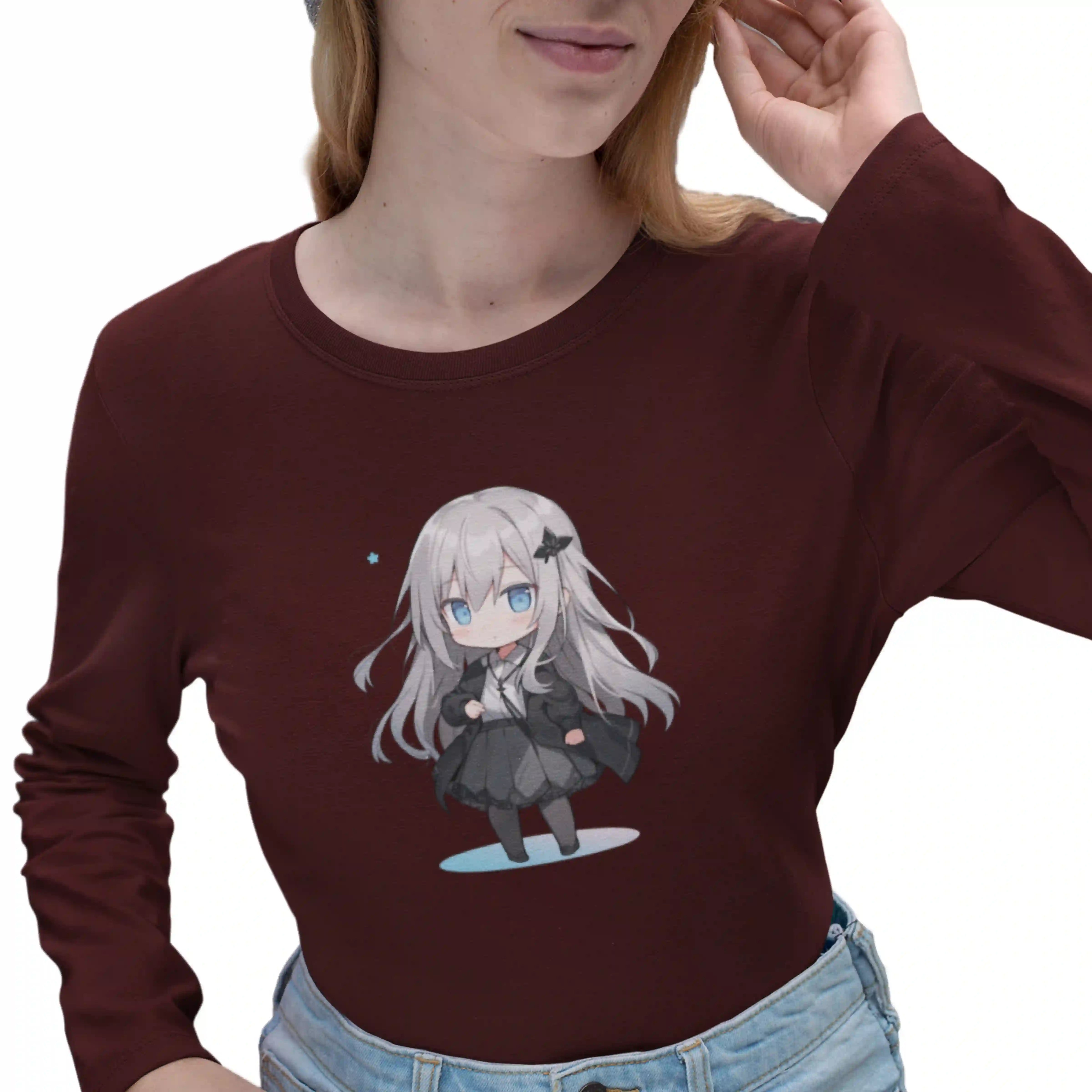 Person wearing a maroon long-sleeve shirt with an anime character design on a white background