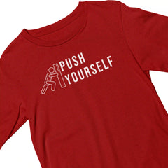 Red t-shirt with 'Push Yourself' text and graphic on a white background