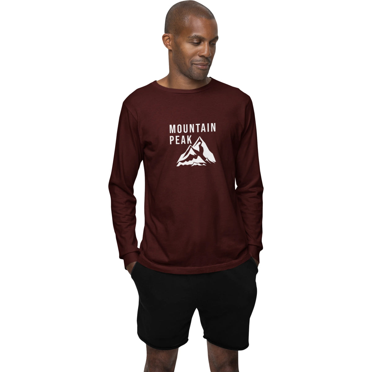 Man wearing a maroon long-sleeve shirt with 'Mountain Peak' logo on a white background